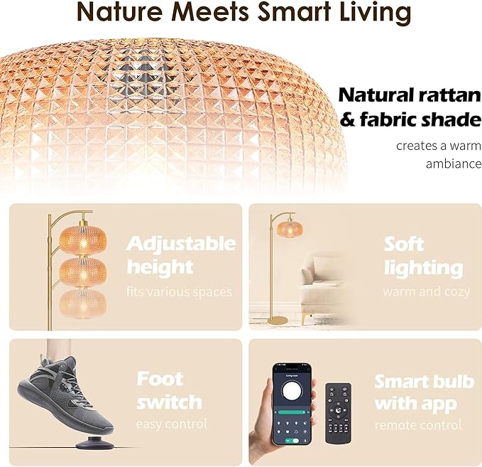 Glass Floor Lamp for Living Room, Modern Standing Lamp for Bedroom, Dimmable Tall Lamp with Shade, Remote,12W LED Bulb Included (Gold+Amber)