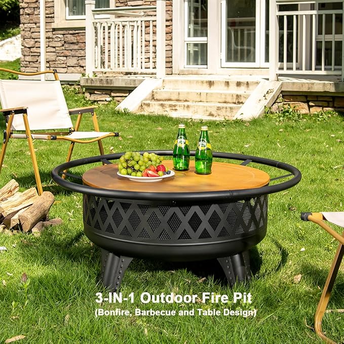 Panovue 38 Inch Wood Burning Fire Pit for Outside, Round Firepit with Grill & Metal Lid, Metal Outdoor Fire Pit Table for Patio Backyard Garden Bonfire Party