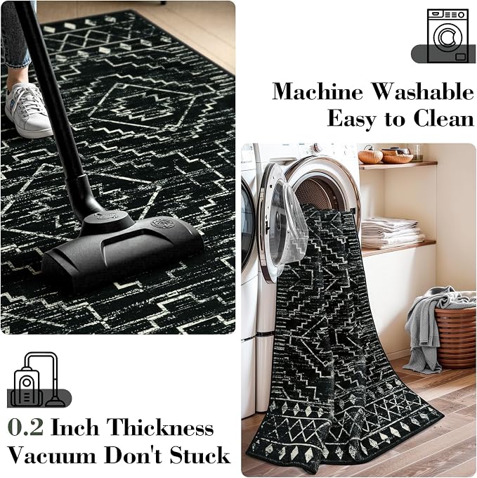 Wonnitar Moroccan Bathroom Rug,Washable 2x3 Small Bath Mat, Boho Tribal Soft Kitchen Sink Mat, Non-Slip Geometric Entry Way Rug, Low-Pile Indoor Carpet for Bedside Entrance Laundry (Black,2'x3')