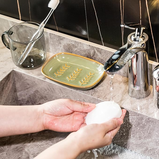 Miamolo Soap Dish Soap Holder Shower, Ceramic Soap Dishes for Bar Soap Sponge, Shower Soap Dish Soap Saver Tray for Bathroom Kitchen Sink, Easy to Clean, Green