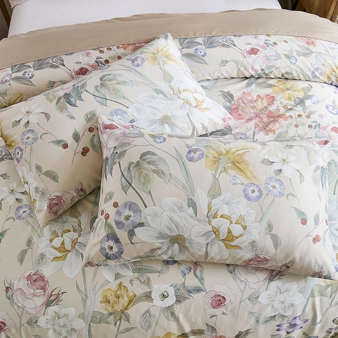 100% Cotton Duvet Cover King Size – Blooming Garden Duvet Cover Set with Zipper Closure & Corner Ties, 3-Piece Silky Soft & Breathable Pastel Floral Bedding Set for All Seasons