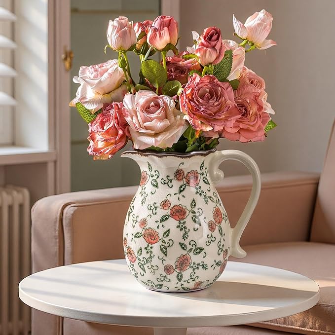 Green and Beige Vintage Vase with Handle,Red Rose Chinoiserie Vase,Farmhouse Antique Decorative Ceramic Vases for Home Decor,Bookshelf, Dining Table, Coffee Table,Mantel, Tuscan Decor (H8.05 Inch)