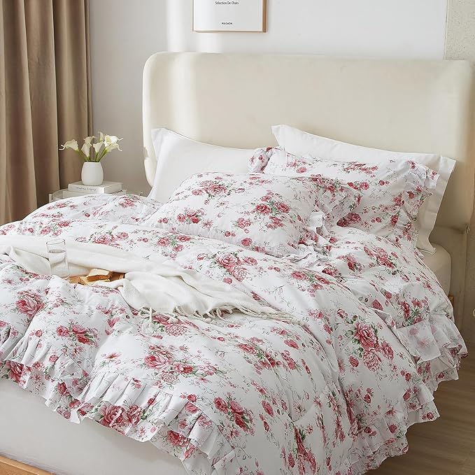 Rose Red Flower Comforter Set Queen Size Romantic Girls Lace Comforter Set Soft Microfiber Botanical Bedding Comforter Set 1 Floral Ruffled Comforter with 2 Pillowcases Lightweight Comfy