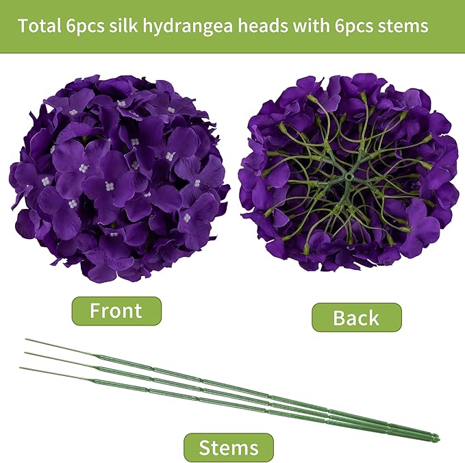 DuHouse Silk Hydrangea Artificial Flower Heads with Stems Fake Hydrangeas Flowers for DIY Wedding Centerpiece Home Decor,Pack of 6 (Violet)