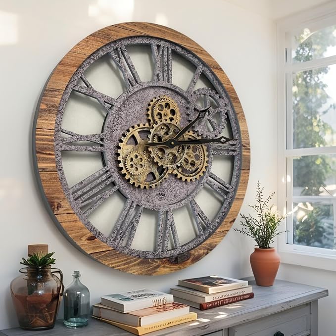 ImprovingLife The Gears Clock The Original Real Moving Gear Wall Clock Vintage Industrial Oversized Rustic Farmhouse (24 inch (60cm),Wood&Stone)
