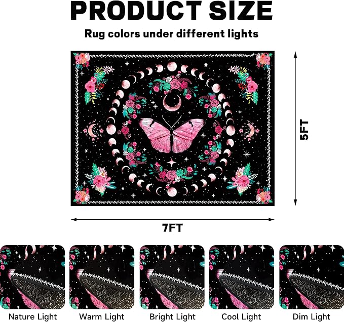 Pink Butterfly Area Rug 5'x7' Moon Phase Floral Rugs for Bedroom Living Room Kitchen Nursery Playroom Home Decor Boho Gothic Butterfly Carpet Non-Slip Washable Floor Mat