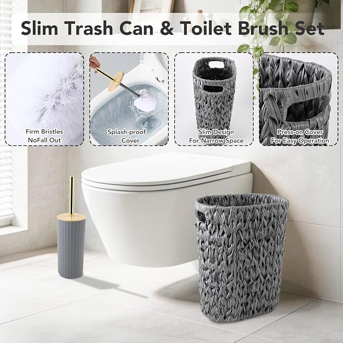 Bathroom Accessory Set, 10 Pieces Bath Set- Wicker Trash Can Tissue Box Soap Dish Toothbrush Holder Rinse Cup Lotion Bottle Toilet Brush Qtip Holder - Practical Bathroom Decor Sets (Grey, Bath Set)