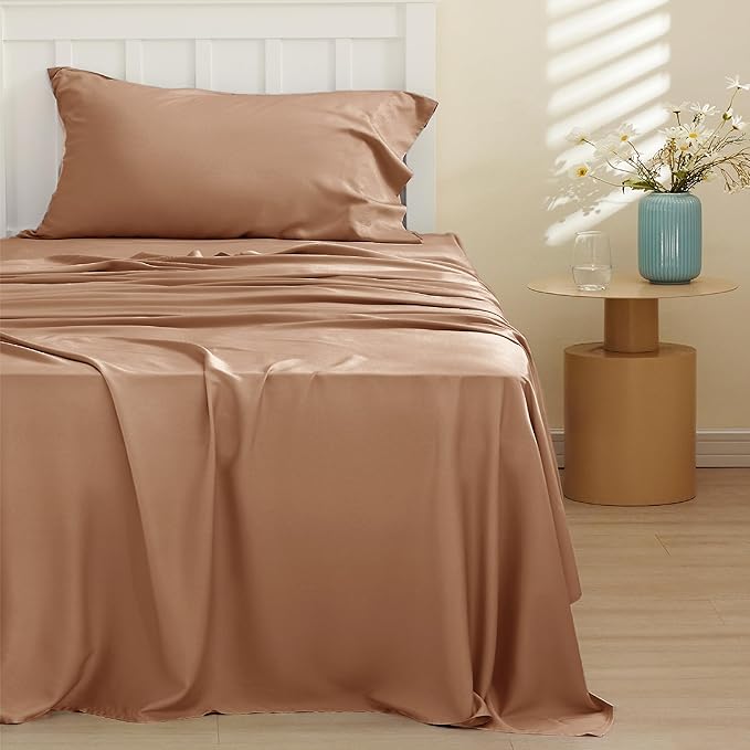 Bedsure Cooling Sheets Twin, Rayon Derived from Bamboo, Breathable & Soft Twin Sheets Set, Deep Pocket Up to 16 Inches, Hotel Luxury Silky Bedding for Hot Sleepers, Khaki
