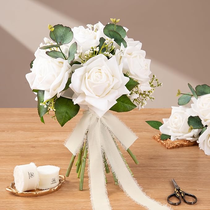 DORIS HOME Cream White Chiffon Ribbon for Flower Bouquet, 1" x21Yd Fabric Ribbon for Gift Wrapping, Handmade Frayed Ribbon for Wedding Invitations/Christmas Decorations
