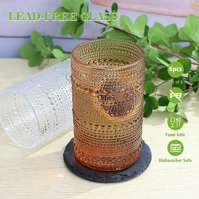 Hobnail-Drinking Glasses 13oz Vintage Glassware Sets Cocktail Juice Glasses Set of 6, Amber