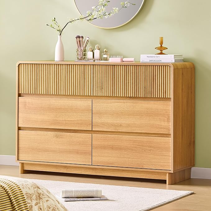 AOGLLATI Mid Century Modern 6 Drawer Dresser for Bedroom, 47" Wide Wood Fluted Double Dressers & Chests of Drawers with Curved Profile Design for Bedroom,Wood