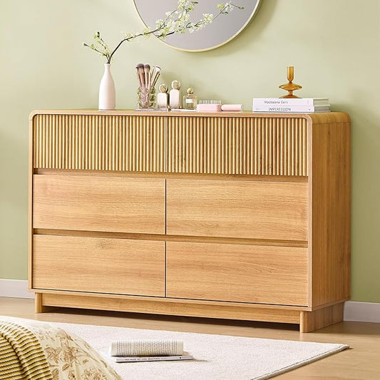 AOGLLATI Mid Century Modern 6 Drawer Dresser for Bedroom, 47" Wide Wood Fluted Double Dressers & Chests of Drawers with Curved Profile Design for Bedroom,Wood