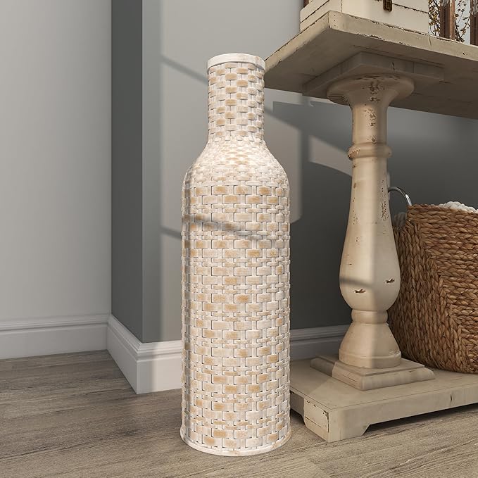 Deco 79 Bamboo Wood Decorative Vase Tall Woven Floor Centerpiece Vase, Vase for Home Decoration 9" x 9" x 30", White