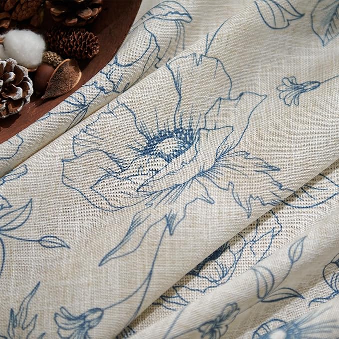 jinchan Floral Linen Curtains for Living Room 84 Inch Length Blue Flower Curtain Rod Pocket Back Tab Farmhouse Curtains with Printed Floral Bedroom Window Curtain Set, 2 Panels Blue
