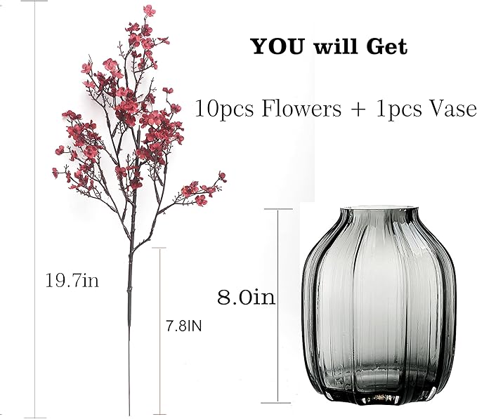 JAKY-Global Babys Breath Silk Artificial Flowers Bulk w/Vase 10pcs Fall Decor Fake Flower Bouquet Bulk Home Kitchen Indoor Bouquet Floral Arrangement Table Centerpieces Decor(Burgundy Red)