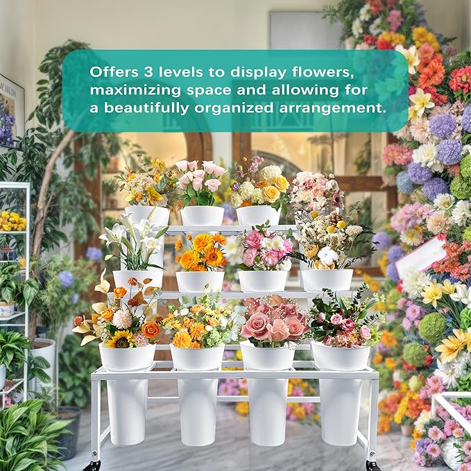 PROLEE Flower Stand with 12 Buckets, Flower Display Stand with Wheels, Flower Cart, Moving Florist Bouquet Shelf, Rectangular, White