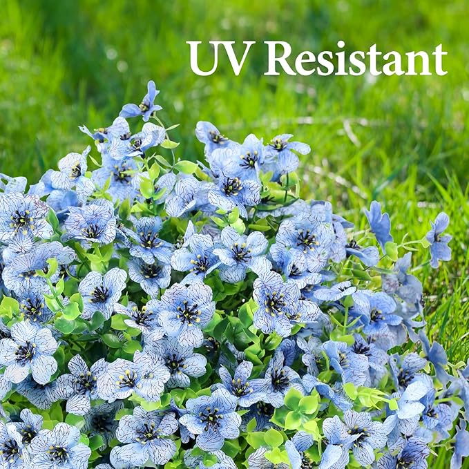 Artificial Flowers Outdoor Faux Plants UV Resistant Fake Patio Flowers Plastic Greenery Plnats Outside Bulk for Spring Garden Hanging Planter Home Vase Decor, 12 Bundles (Blue)