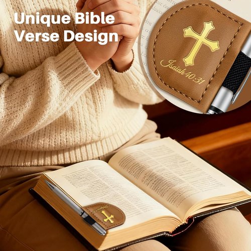 Bygone Mark | Personalized Magnetic Leather Bookmark with Pen Holder - Inspirational Bible Verse (Brown, Philippians 4:13)