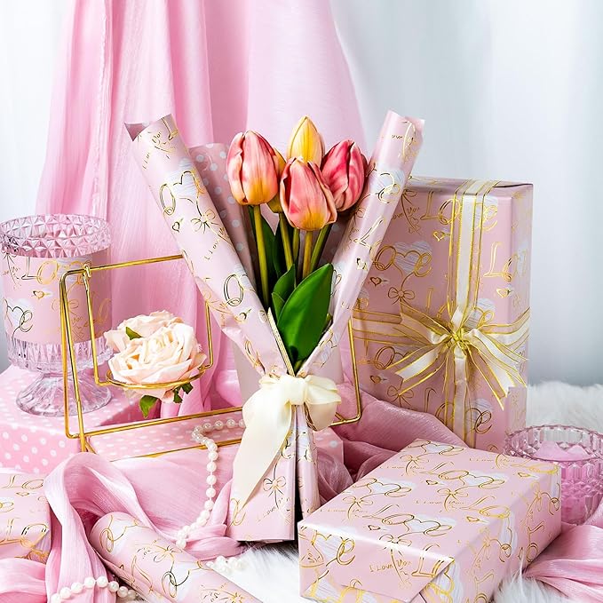 Burymento Pink Gold Love Bow Wrapping Paper, Reversible Pink Dot Design Gift Wrap for Baby Shower, Birthday, Valentines, Mothers day, Graduation, Wedding, Fathers day, Christmas (17 Inch X 32.8 Feet)