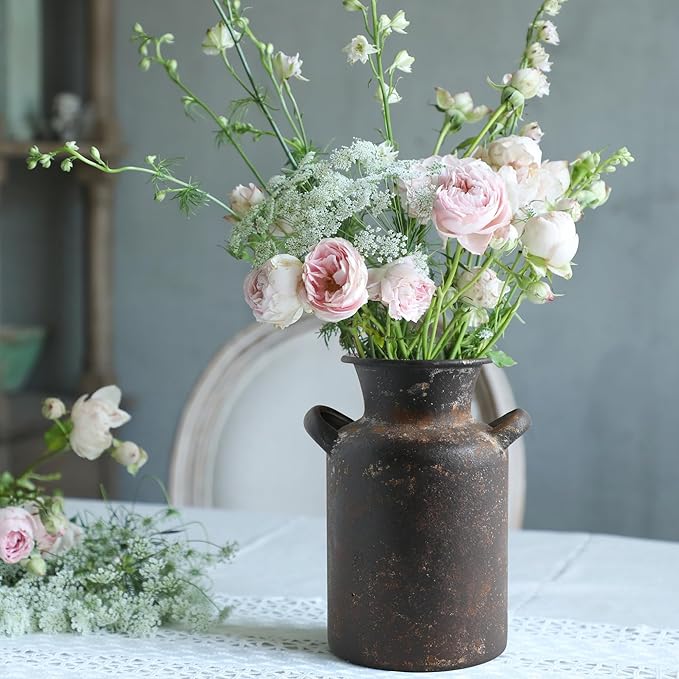 Rustic Vintage Metal Flower Vase for Decor Milk Jug Small Vases for Flowers Kitchen Decorations, Cylindrical,Perfect for Kitchen, Dining Room, Living Room,Housewarming Gift (Brown)