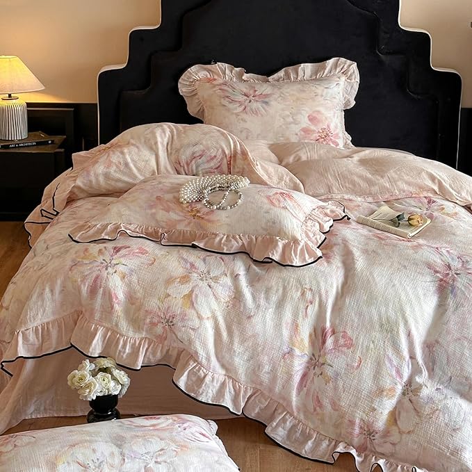HighBuy Ruffle Floral Bedding Linen Duvet Cover King,Yarn-Dyed Cotton Linen Textured Breathable Cottagecore Bedding Set for Women Girls,1 King 104"x90" Duvet Cover and 2 Ruffle Pillowcases
