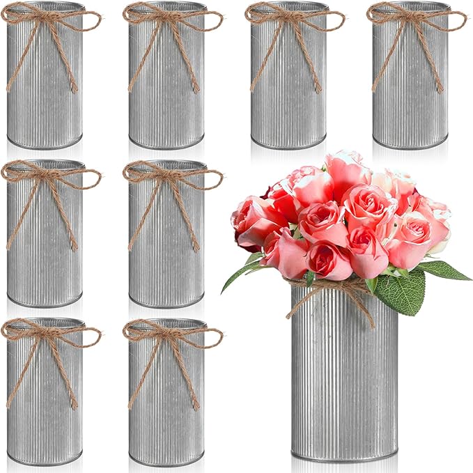 Domensi 5.91 in High Farmhouse Vase Decor Galvanized Metal Flower Vase with Twine Bow Vintage Rustic Tin Flower Buckets for Artificial Floral Table Container DIY(Iron Color,8 Pcs)