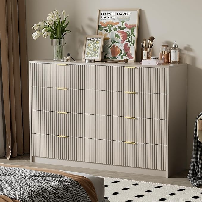 Beige Dresser for Bedroom, Modern Dresser with 8 Drawers and Smooth Slides, Wide Chest of Drawers with Golden Handles for Bedroom, Closet, 15.7" D x 55" W x 37.4" H