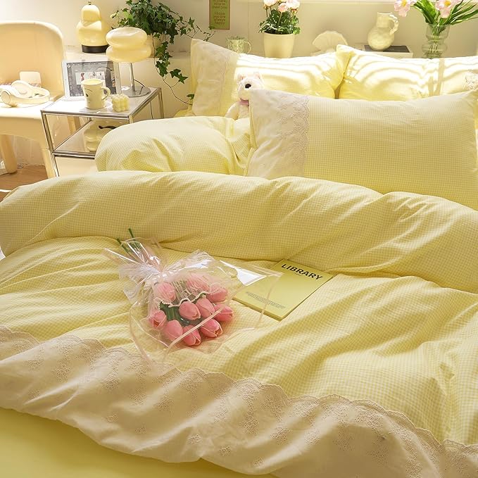 LifeTB Yellow Gingham Duvet Cover Twin 3 Pieces Romantic Lace Comforter Cover Soft Microfiber Cream Yellow Grid Duvet Cover Farmhouse Plaid Checkered Comforter Cover Grid Gingham Bedding Set