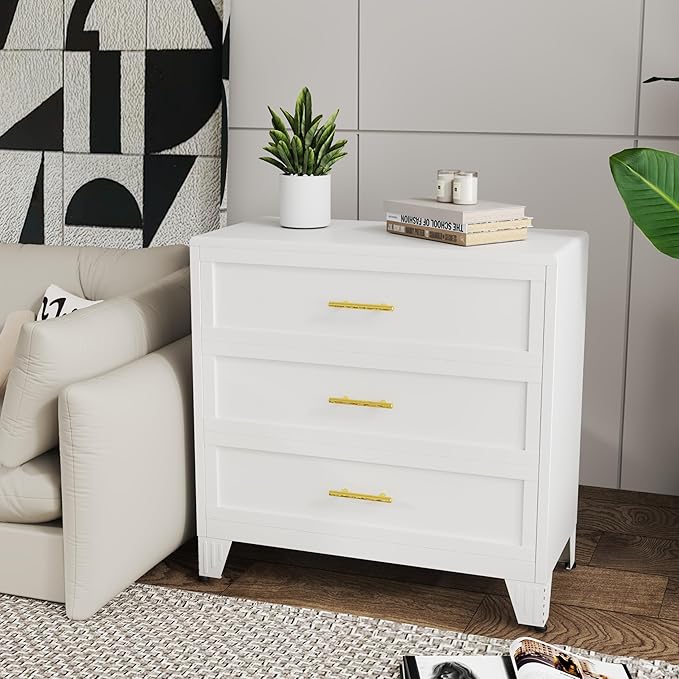 3 Drawers Tall White Dresser for Bedroom, 35.43" Metal Dressers & Chests of Drawers Curved Corner Design, Storage Organizer Drawer Chest with Large Capacity for Living Room, Entryway, Hallway