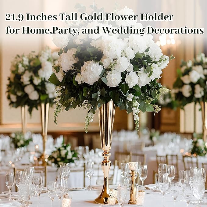 Gold Vase for Wedding Centerpiece, 2Pcs Metal Trumpet Vase 22" Tall Flower Stand for Wedding Table Centerpiece Decoration Floral Arrangement for Reception Bridal Party Decor
