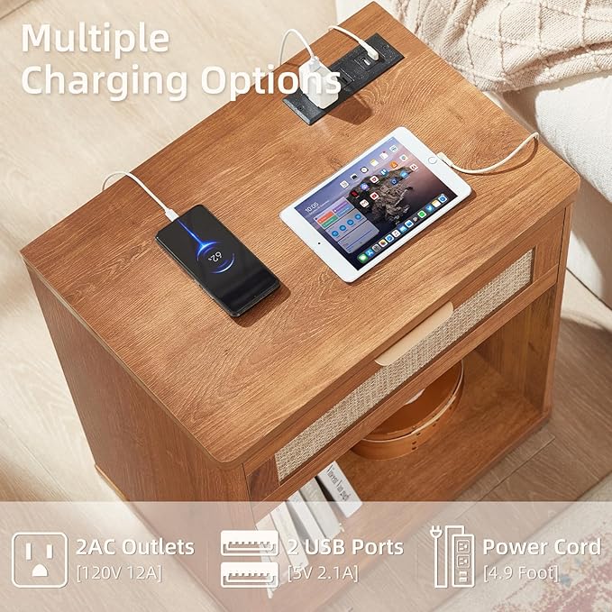 LEYAOYAO Rattan Nightstand with Charging Station, Tea Brown Night Stand with Drawer, 23" Wide Boho Bedside Table with Storage Shelf, Bed Side End Tables for Bedroom, Living Room, Hallway