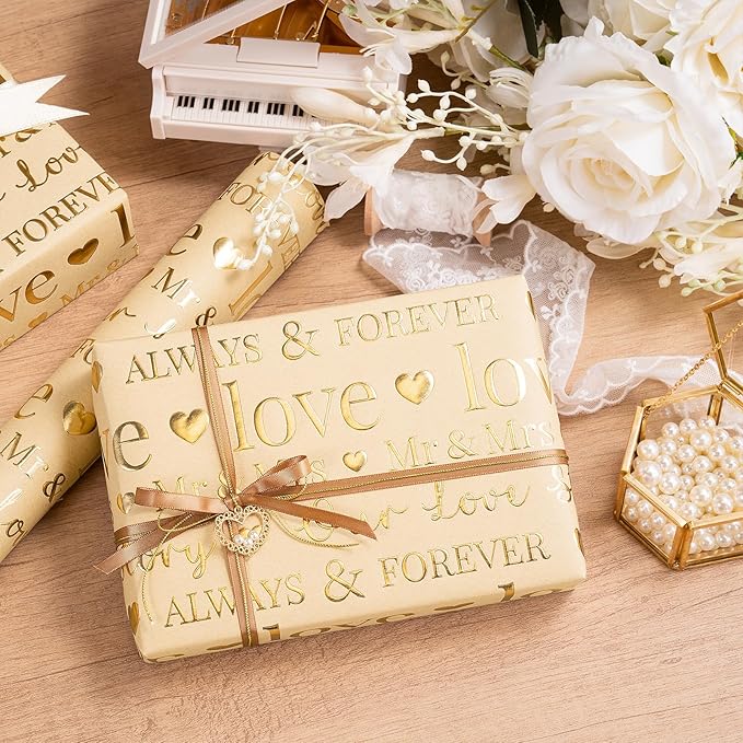 RUSPEPA Brown Wedding Wrapping Paper, Mini Roll, Luxury Gold Foil LOVE Design, Perfect for Wedding, Bridal Shower, Anniversary, 17 Inches x 16.5 Feet