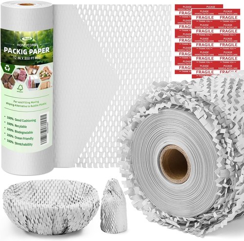 Honeycomb Packing Paper | 12" x 200' Eco-Friendly Cushioning Wrap for Moving & Shipping - White
