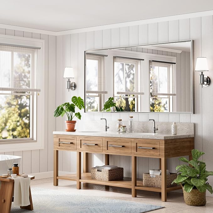 72'' x 36'' Large Beveled Silver Bathroom Vanity Mirror, Shatterproof Rectangle Silver Metal Framed Mirror for Bathroom Wall, Anti-Rust Wall-Mounted Mirror