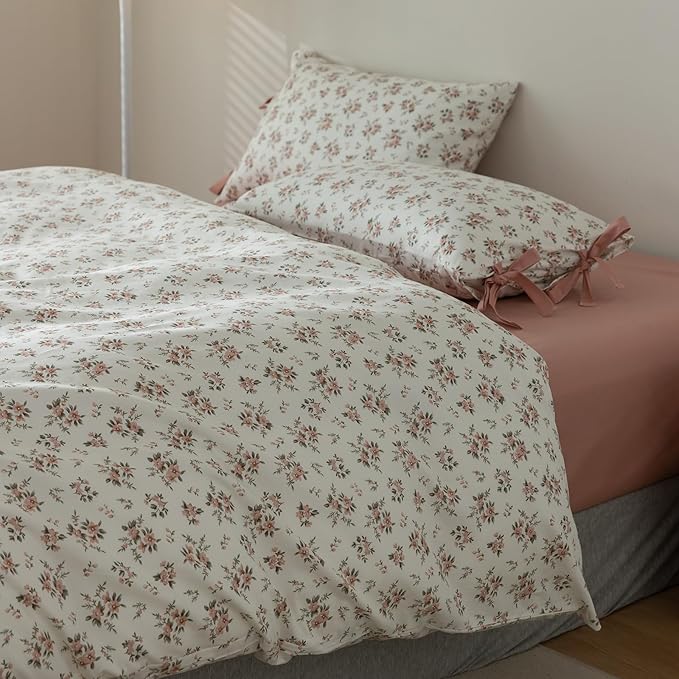 Boho Duvet Cover Twin XL 3 Piece Cottagecore Pink Floral Bedding Set for Teen Girl Dorm Vintage Flowers Room Decor Princess Bedding 1 Twin XL Duvet Cover 2 Pillowcases with Bow Ties