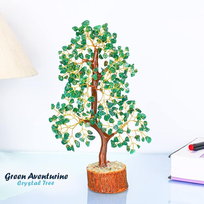 Healing Crystal Money Trees Feng Shui Gift Handmade Reiki Crystals & Stone Home Office Table Décor Good Luck Throat Chakras (Green Aventurine Golden Wire)