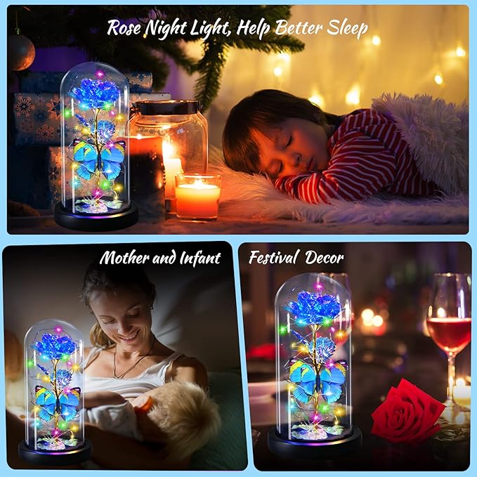 Blue Butterfly Rose Flower Birthday Gifts - Women Gifts for Her Valentines Mothers Day Anniversary Christmas Thanksgiving - Light Up Rose Flower Gifts for Mom Wife Grandma Sister Girlfriend Lady Girl