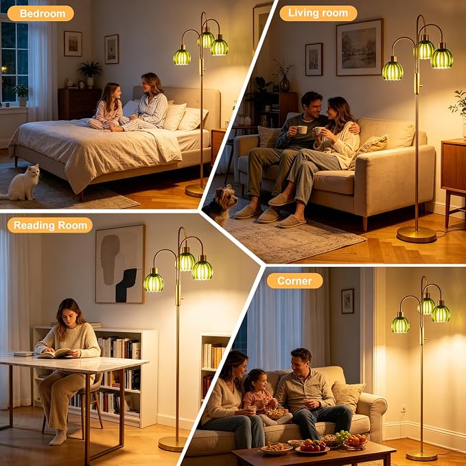 3-Light Glass Floor Lamp, 70" Gold Dimmable Standing Tall Lamp with Green Ribbed Glass Shades &3PCS 3000K Warm White Bulbs, Modern Tree Pole Lamp for Living Room Bedroom Home Office Corner Decor