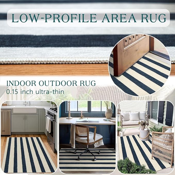 Blue and White Striped Entry Rug - 3x5 Ft Washable Indoor Outdoor Front Door Mat Outside Entrance Front Porch Mat Non-Slip Floor Carpet for Bedroom Entryway Kitchen Office Porch Decor