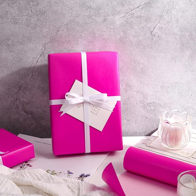 RUSPEPA Hot Pink Matte Wrapping Paper - Mini Roll - Solid Color Pearly Lustre Paper Perfect for Wedding, Birthday, Christmas, Baby Shower - 17 Inches X 32.8 Feet