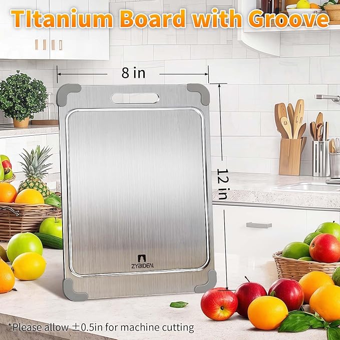 100% Pure Titanium Cutting Board with Grooves, Update Double Side Titanium Chopping Board, Silicone Anti-slip Stainless Cutting Boards for Kitchen 8 * 12, Grey