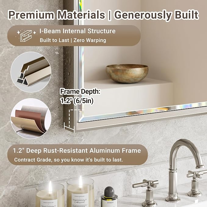 Brushed Nickel Bathroom Mirror, 24x36 Inch Beveled Framed Bathroom Mirror Anti-Rust, Brushed Nickel Metal Frame Bathroom Vanity Mirror for Wall, Vertical/Horizontal Wall-Mounted Mirrors