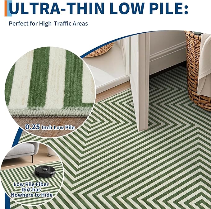 Washable Modern Lines Large Rug 10x13 for Living Room Modern Geometric Rugs Low Pile Soft Bedroom Carpet Thin Foldable Abstract Floor Carpet for Dining Kids Room Playroom, Green