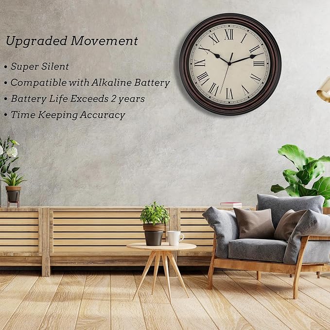 Foxtop 14 Inch Roman Numerals Wall Clock Battery Operated Silent Non-Ticking Round Classic Vintage Retro Wall Clock Decorative for Living Room Kitchen Home Office (Bronze)