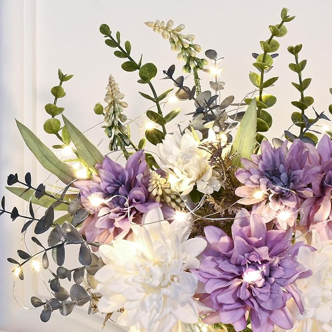 MARTINE MALL Fake Flowers in Vase with Lights, Faux Flowers in Vase, Dahlia Artificial Flowers in Vase Centerpiece Table Decorations Artificial Flower Arrangement for Home Dining Room Farmhouse
