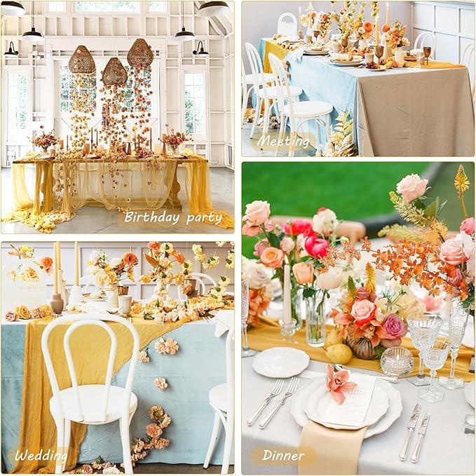 12 Pack 10Ft Cheesecloth Table Runner 35x120 Inch Boho Gauze Table Runner Rustic Cheese Cloth Long Romantic Table Runners for Wedding Bridal Shower Birthday Party Table Decor (Mustard)