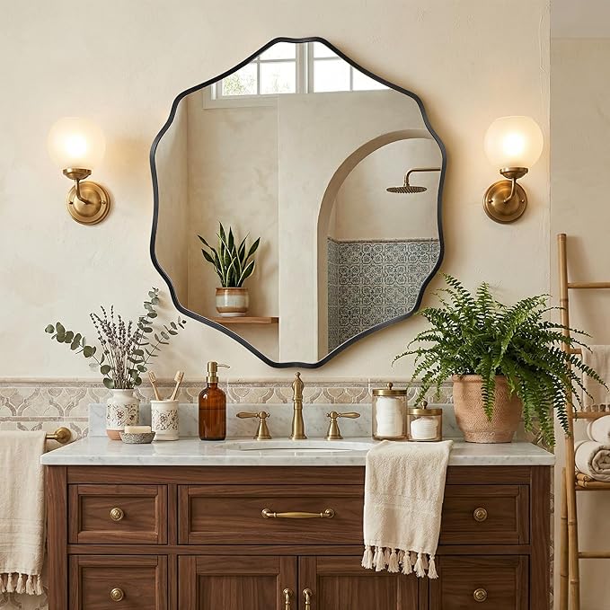 Irregular Hexagon Wall Mirror with Wavy Edge, Modern Decorative Mirror for Bathroom, Bedroom, Living Room, Frameless Vanity Mirror