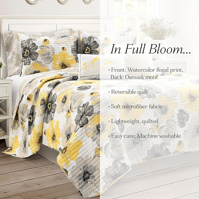Lush Decor Leah Reversible Floral Quilt Set, 8 Piece Set, Full/ Queen, Yellow & Gray - Charming Floral Bedding Set With Pillow Cases, Decorative Throw Pillows & Bed Skirt- Large Watercolor Flowers