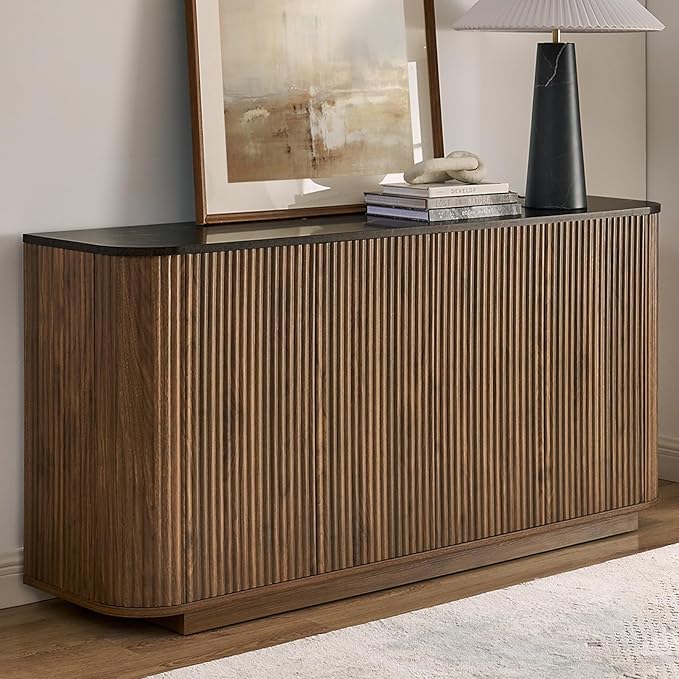 64" Sideboard Buffet Cabinet with Storage, Modern Fluted Credenza with Adjustable Shelves, Wood Faux Marble-Top Coffee Bar Console Table for Living Room Kitchen Dining Room, 31.5" H, Walnut