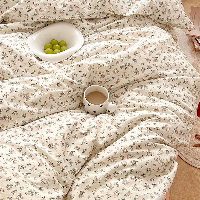 EAVD Garden Style Small Floral Print Duvet Cover Twin Soft Cotton Chic Shabby Cute Floral Bedding Set for Girls with 2 Pillowcases Fresh Botanical Duvet Cover with Zipper Closure